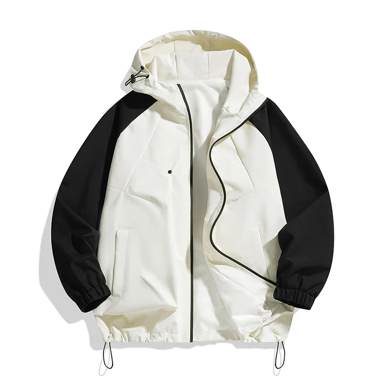 Color-blocked raglan sleeve 100% polyester lightweight windproof jacket, men's hooded zip-up casual outdoor jacket.