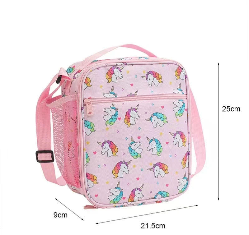 New Arrival Portable Cartoon Unicorn Kids Student Insulated Lunch Bento Bag with Side Mesh Pocket for School Picnic