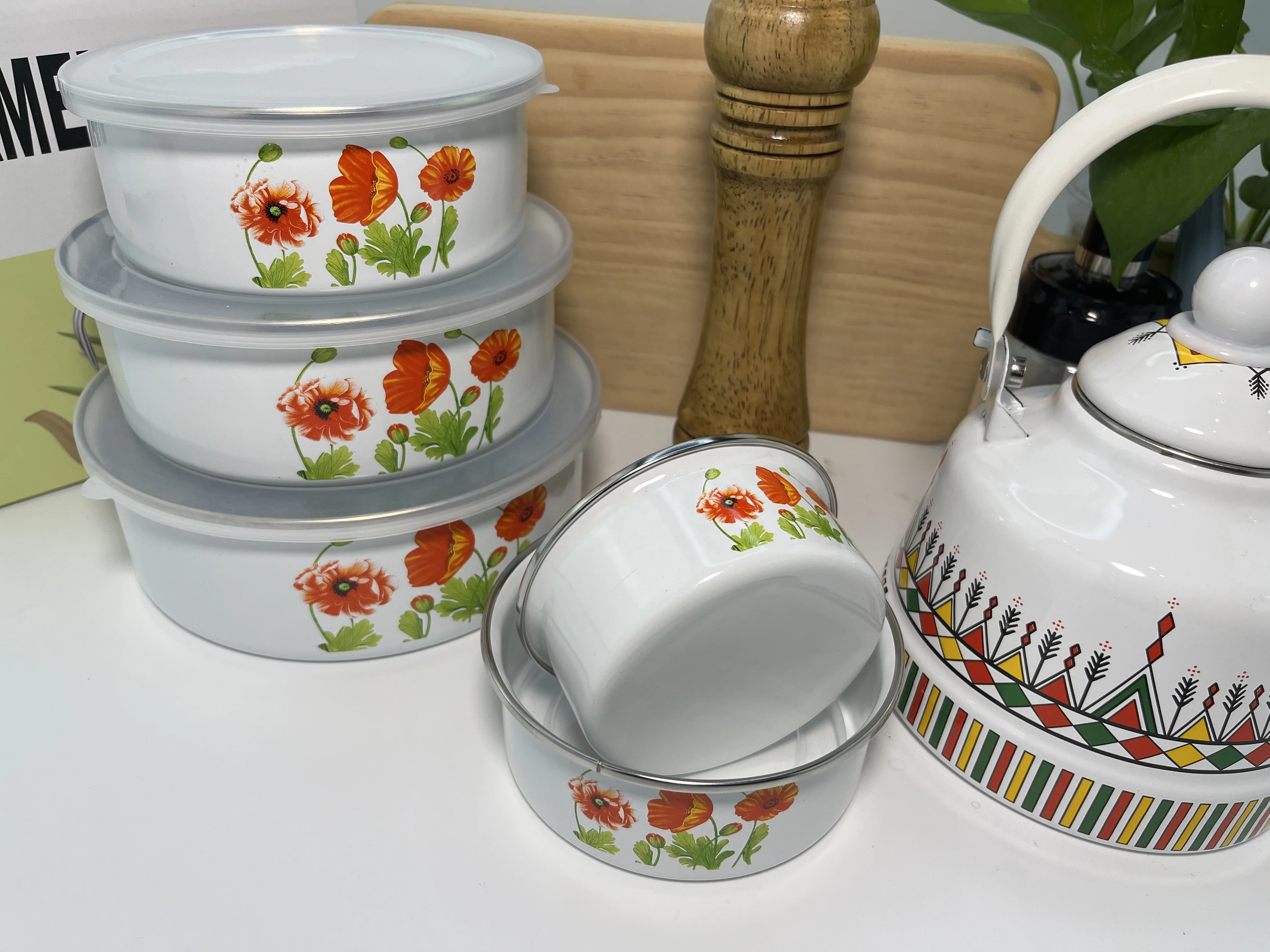 Enamel Prep Bowls Storage Nesting Mixing Bowl Set with Lid