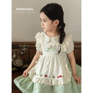 YOEHYAUL X4536 Short Sleeve Lace Luxury Kids Dresses Cute Mushrooms Bunny Embroidery Baby Girl Frock Dress for 2 -10 Child