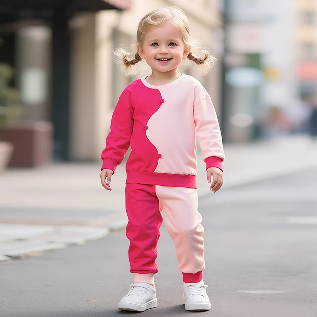 Children Girls Clothing Set Long Sleeve Sweatshirt Color-block Design and Sweatpants Sweet Outfit for 2-7Y