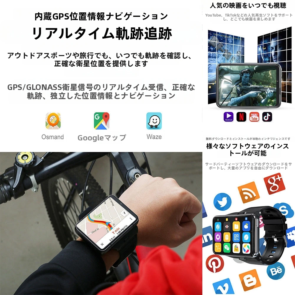 4Gスマートウォッチ 2.88インチ IPSタッチ スクリーン GPSスマートウォッチ 500W+1300万ピクセル