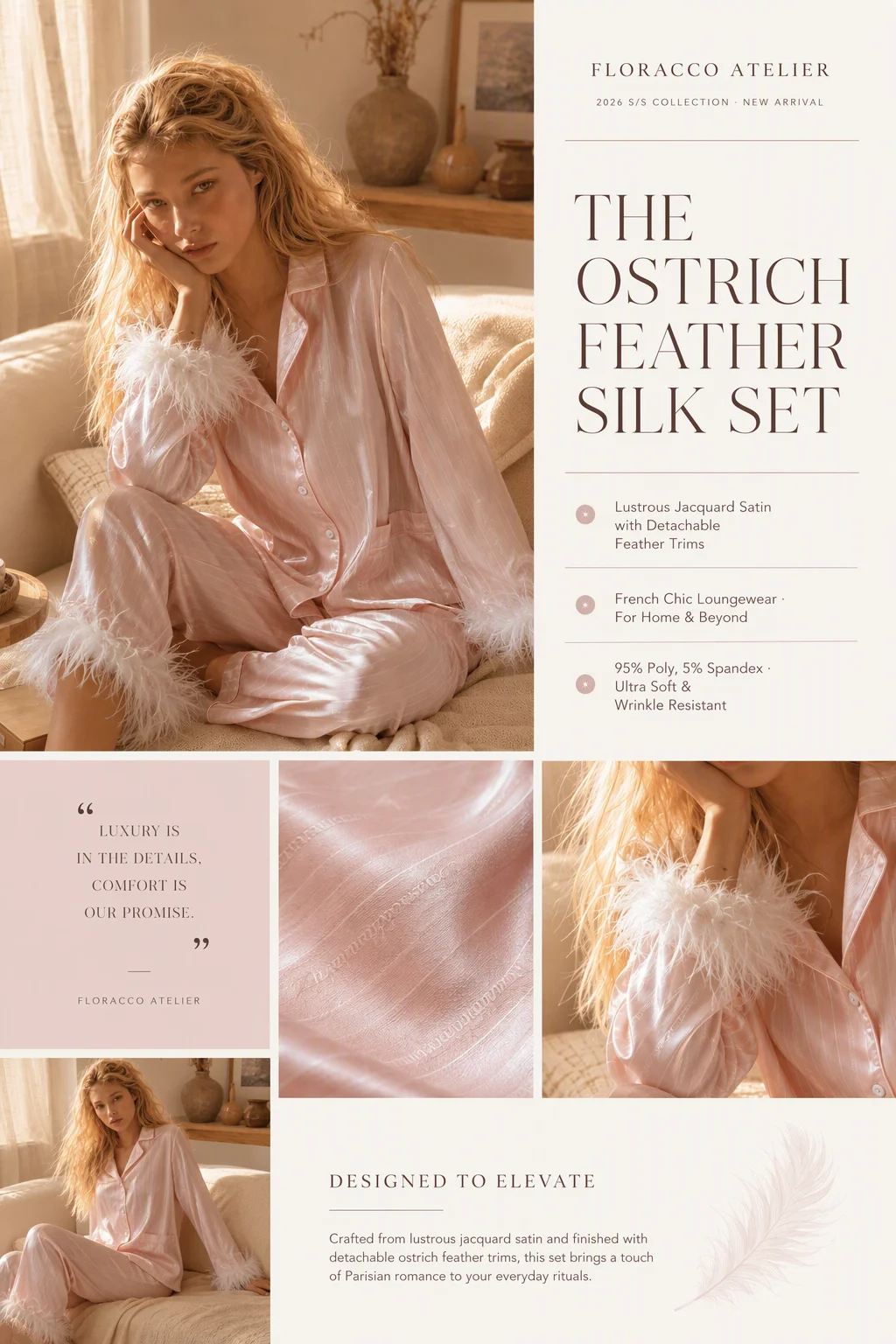 Custom Embroidery Satin Jacquard Women's Pajama Set Detachable Ostrich Feather Trim Long Sleeve Doll Collar Autumn Loungewear — detail