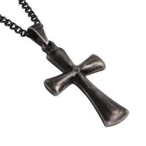 Men's Classic Style Antique Finish Stainless Steel Plain Cross Pendant with 24 Inch Long Curb Chain Fashionable Cross Pendants