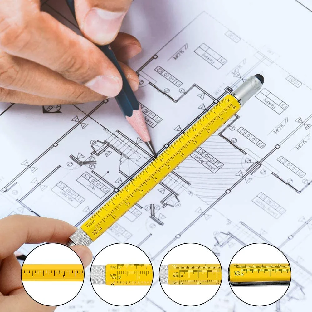 6 in 1 Multifunction Tool Pen With Custom logo Color and Engineering Pen With Inch Scale in Multi Ballpoint Pen