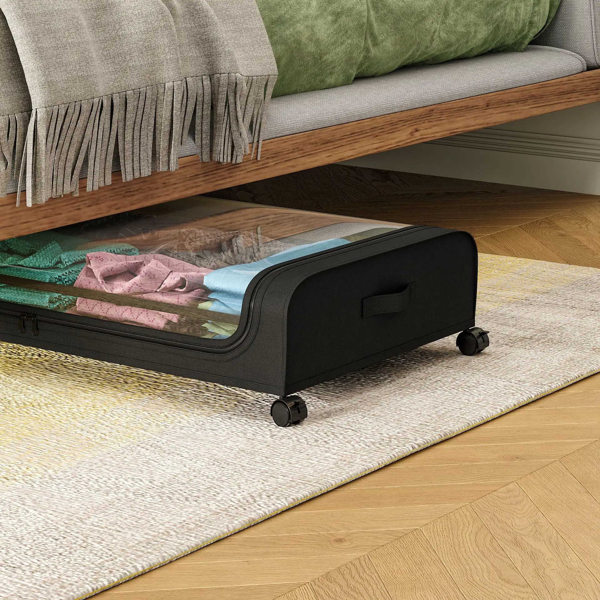 Cloth wheel storage rack under bed Clothing shoes books Dustproof storage box Home slot storage box details