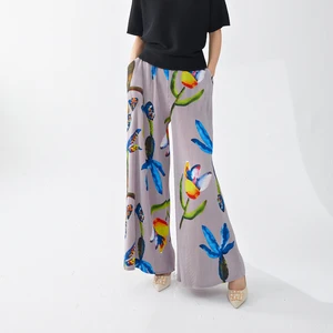 Miyake Ladies High Quality New Summer Style Printed Straight Legs Loose Fit High-Waist Pleated Wide Leg Casual Pants