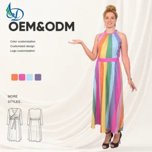 Women's Colorful Striped Dress Casual Maxi Summer Dress O-neck Dress