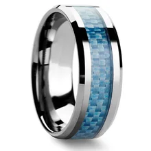 Custom Blue Fiber Sticker Inlaid Mens Tungsten Steel Wedding Band Ring Fashion Durable
