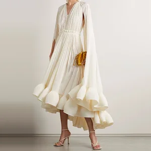 Australian Trendy Design and Personalized Long Dress for Women's Summer New V-neck Cape With Ruffled Edges and a Slim Waistband