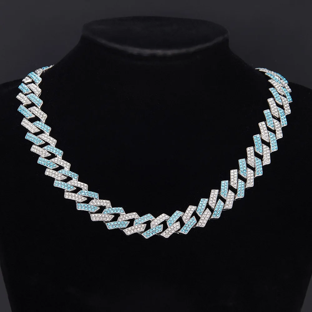 13MM Fashion Pink Blue Iced Out Crystal Prong Cuban Link
