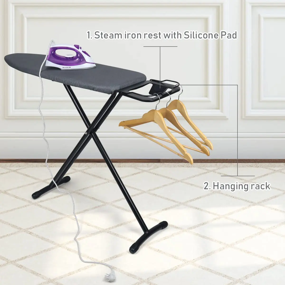 Heat Resistant Adjustable Height Foldable Ironing Board With Iron Holder