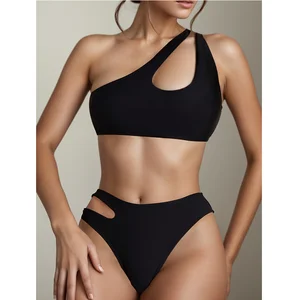 Factory Custom 2026 New Solid One Shoulder Two Piece Bikini Bandeau Cut Out Swimsuit Women High Waist Fitness Swimwear