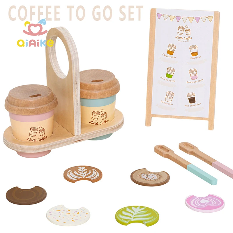 Qiaike Early Education Wooden Children's Simulation Educational Toy Takeaway Coffee Afternoon Tea Set Pretend Play Food Delivery
