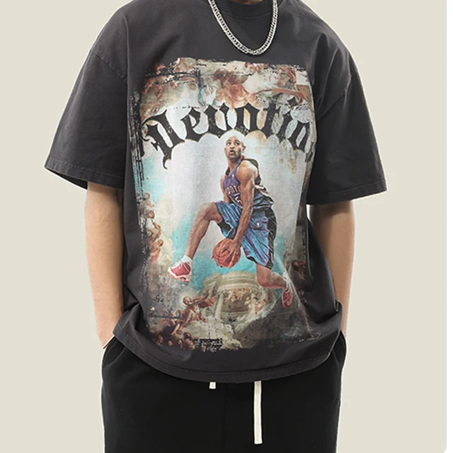 Vintage 100% Cotton Men's T-Shirt Washed Distressed Style American Heavyweight 260 Grams Fabric Weight Loose-Fitting Print