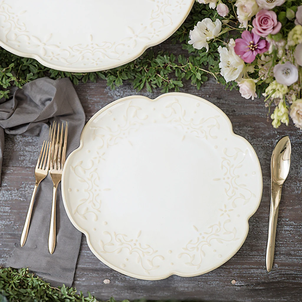 European Embossed Lace Design White Ceramic Dinner Plates Set Retro White Plate Set for Wedding Event manufacture