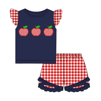 Summer toddler girl clothes boutique three apple applique baby clothing sets newborn girls ruffles outfit