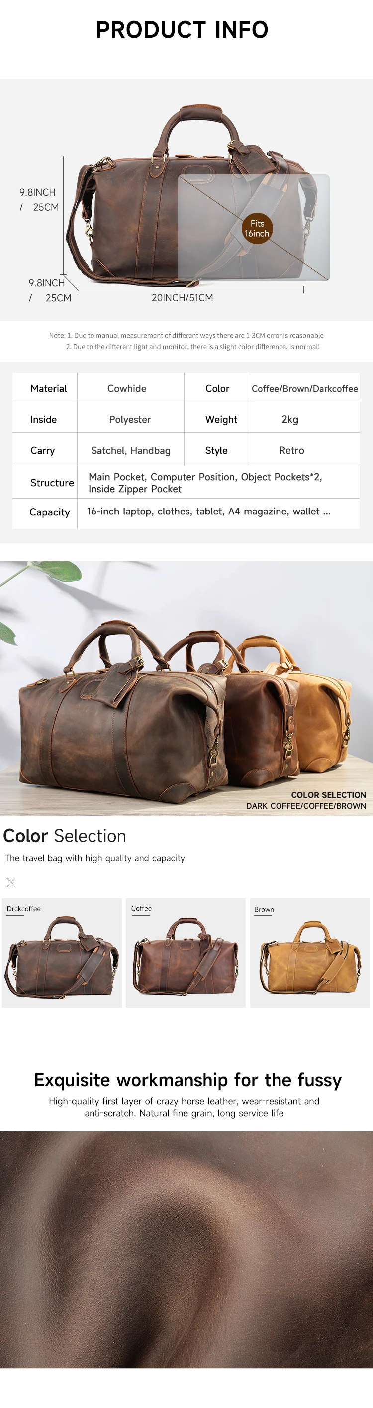 MARRANT 1133 Handmade Crazy Horse Leather Duffle Bags