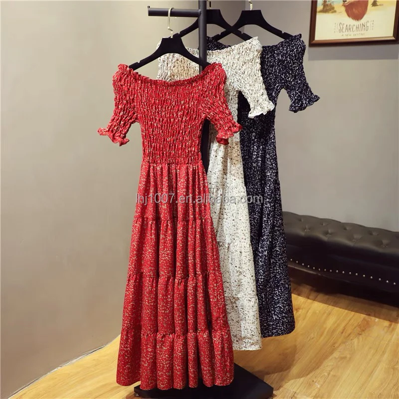 Vintage Vintage Floral Print Short Sleeve Summer Beach Sweet Dress