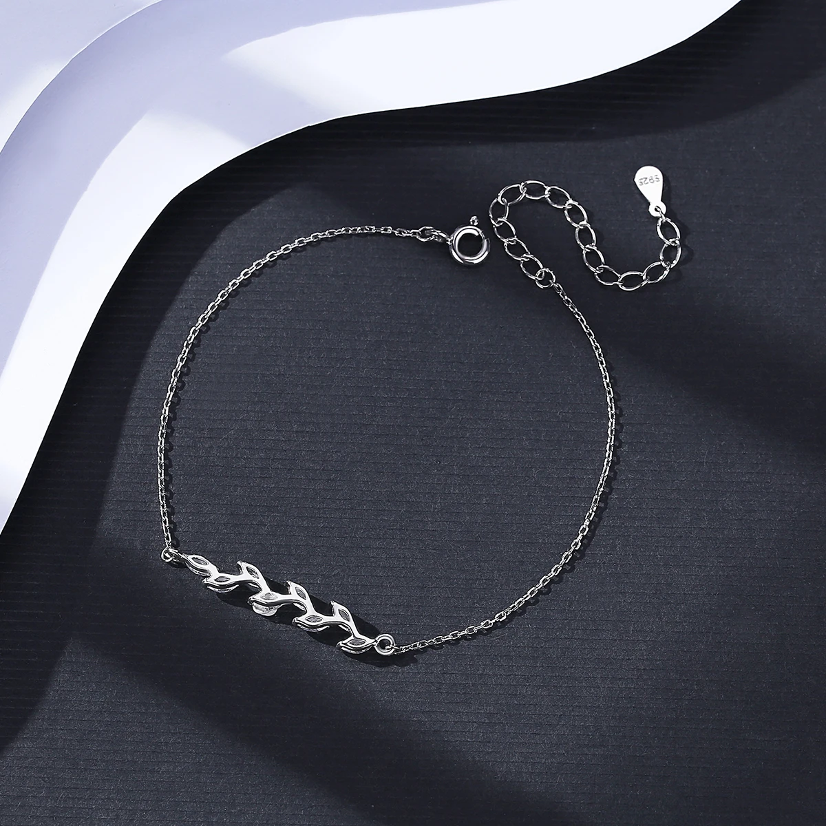 CZCITY Designer CZ Charm Hand Dainty 925 Link Chain Adjustable Charm Leaf Sterling Silver Bracelet