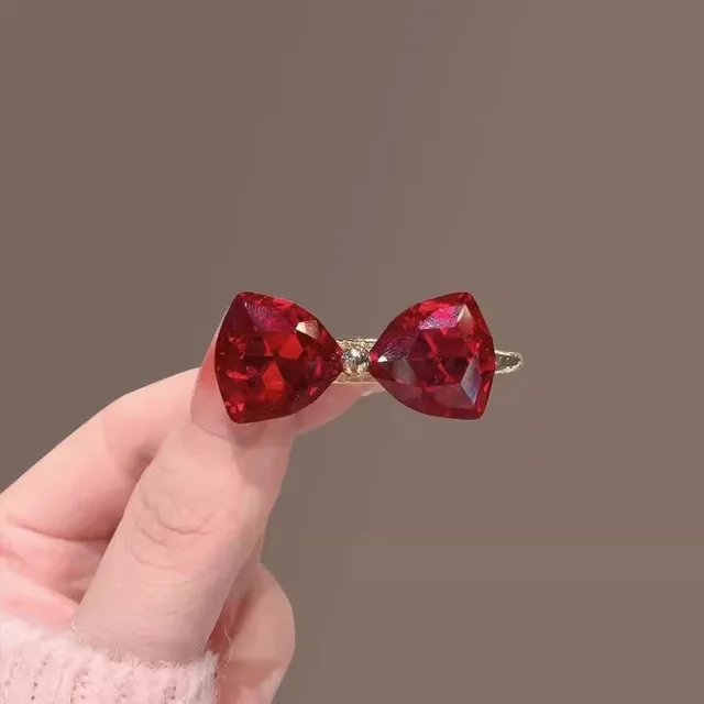 Handmade Alloy Hairgrips Red Diamond Bow Barrettes Rhine-diamond Set Simple New Year Hairpin