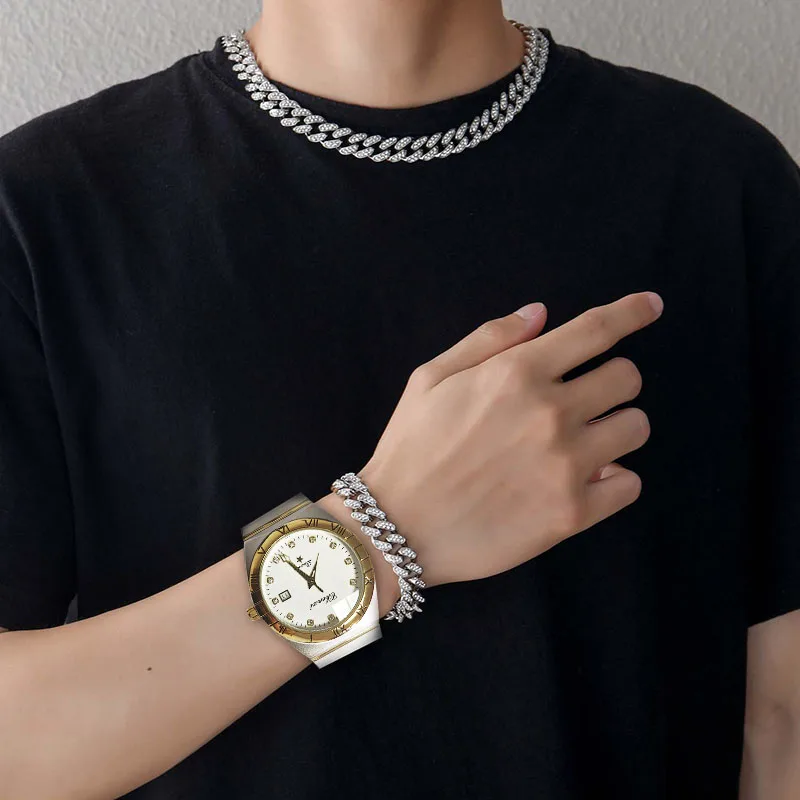 New Luxury Gold Unisex Minimalist Round Pointer Quartz Made Chain Link Watch Men Watch Pointer Design Round Dial Luminous Hollow High  main image 3