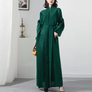 Miyake Pleated Long Petal Sleeve Dress With Lapel Cardigan and Sashes Casual Plus Size  Women's  Dress