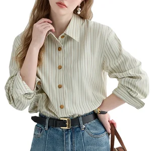 Custom High Quality  Blouses & Shirts Casual Aesthetic Long Sleeve Vintage Striped Loose Casual Lapel Top Shirt for Women