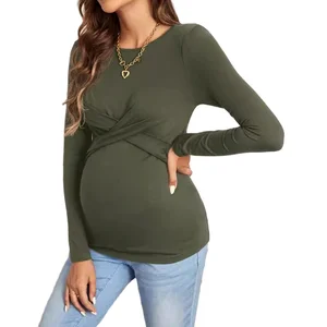 Maternity Dress with Long Sleeves and Round Neck Solid Color Cross Belt Fashion Pregnancy T-shirt