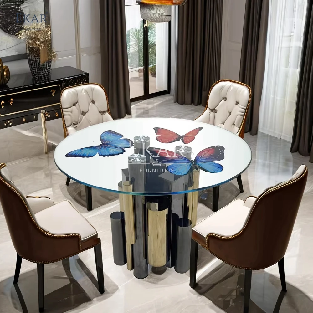 product solid wood artisan butterfly glass round dining table modern elegant set for home or office stylish for hotel or entry use-62