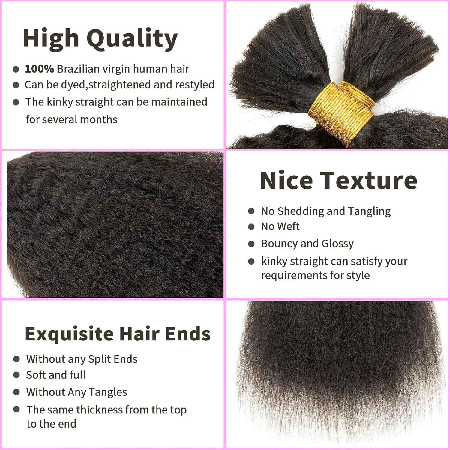 Kinky Straight Hair Bulk Brazilian Remy Human Hair Bulk For Braiding No Weft Crochet Braid Weft Hair Bulk Natural Black Color 1B_voghion.com