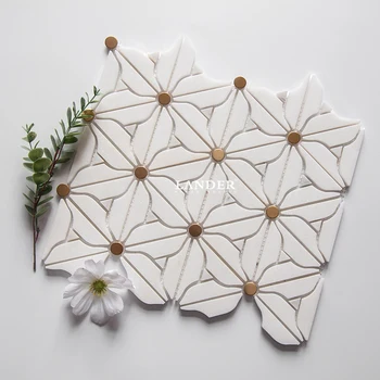 Waterjet Flower Marble Mosaic Brass Inlay Tile Mosaic Tile For Kitchen ...