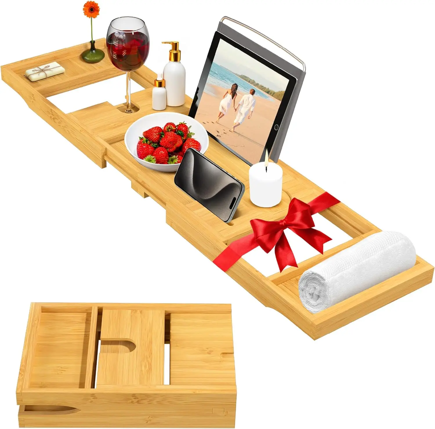 Luxury Bathtub Bathroom Accessories Expandable Bath Tray Premium Foldable Bamboo Wood Bathtub Tray for Home