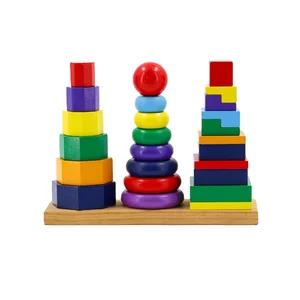 Unisex Rainbow Tower Stacking Rings and DIY Toy Montessori Wooden Educational Building Blocks for Toddlers