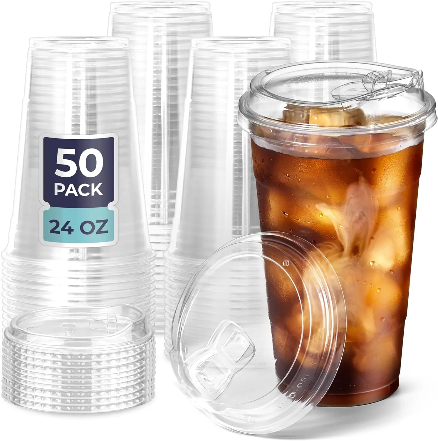 50 Sets 20oz Clear Disposable PET Plastic Cups with Flat Lids For Cold Drinks Iced Coffee Smoothie Iced Tea Boba Milk Tea