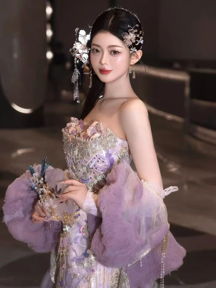 rose gold and purple dress Luxury Rose Gold Gradient Satin Ball Gown Evening Dress with Necklace SS743 main image 1