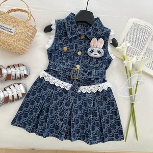 Summer Girls' Denim Dress with Korean Version Lace Lapel Vest Skirt ODM Supply Solid Pattern Children's Clothes for Kids