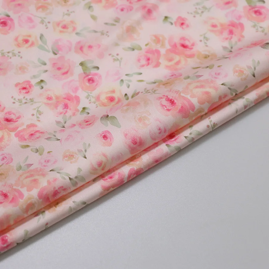 Summer Design Printed Fabric 97%Polyester 3%Spandex Pink Small Crushed Flower Satin Silk Fabric for Dress