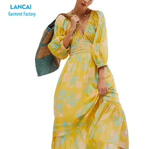 Custom Ladies Slim Long-sleeved Floral Skirt Hollow Out Floral Full Print Elegant Retro MIDI Dress Maxi Dress Women