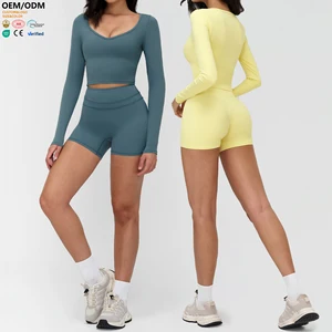 XW-TZ3109-5 Long Sleeve Sports Top Shorts Versatile Custom Solid Breathable Fitness Gym Clothing Women 2 Piece Yoga Wear Set