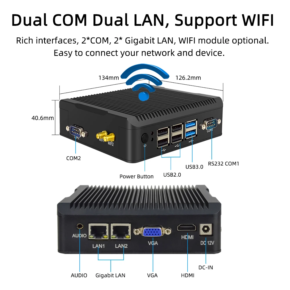 Fanless Industrial Mini PC Intel N100 Dual Ethernet 2x COM DB9...