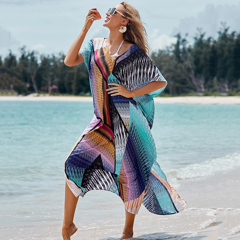 New Beautiful Colorful Geometric Print Long Kaftan Beach Cover Up Beach Wear  Dress - Buy Beach Cover Up,Summer Woman Kaftan,Women Kaftan Beach Dress  Product on Alibaba.com