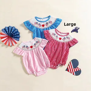 Custom Baby Clothes Shirred Smocked Baby Clothing July 4th Casual Summer Plaid Embroidery Pattern O-Neck Baby Rompers