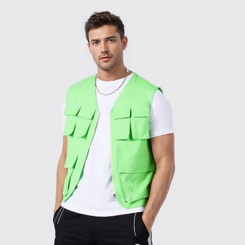 Neon Green Men's Sleeveless Denim Vest Jacket - Plus Size