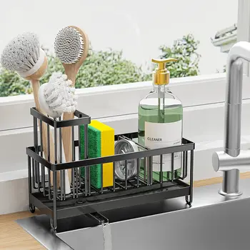 Kitchen Sink Drain Rack Sponge Storage Faucet Holder with Rod Kitchen Sink Organizer