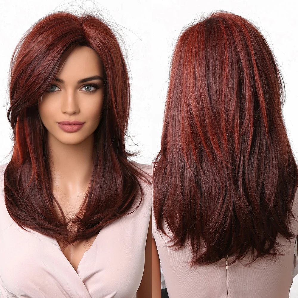 In Stock Straight Synthetic Wigs Wine Red Side Bangs Hair Wig Medium Layered  Burgundy Wig For Women - Buy Synthetic Hair,Hair Extensions & Wigs,Hair  Wigs Product on 