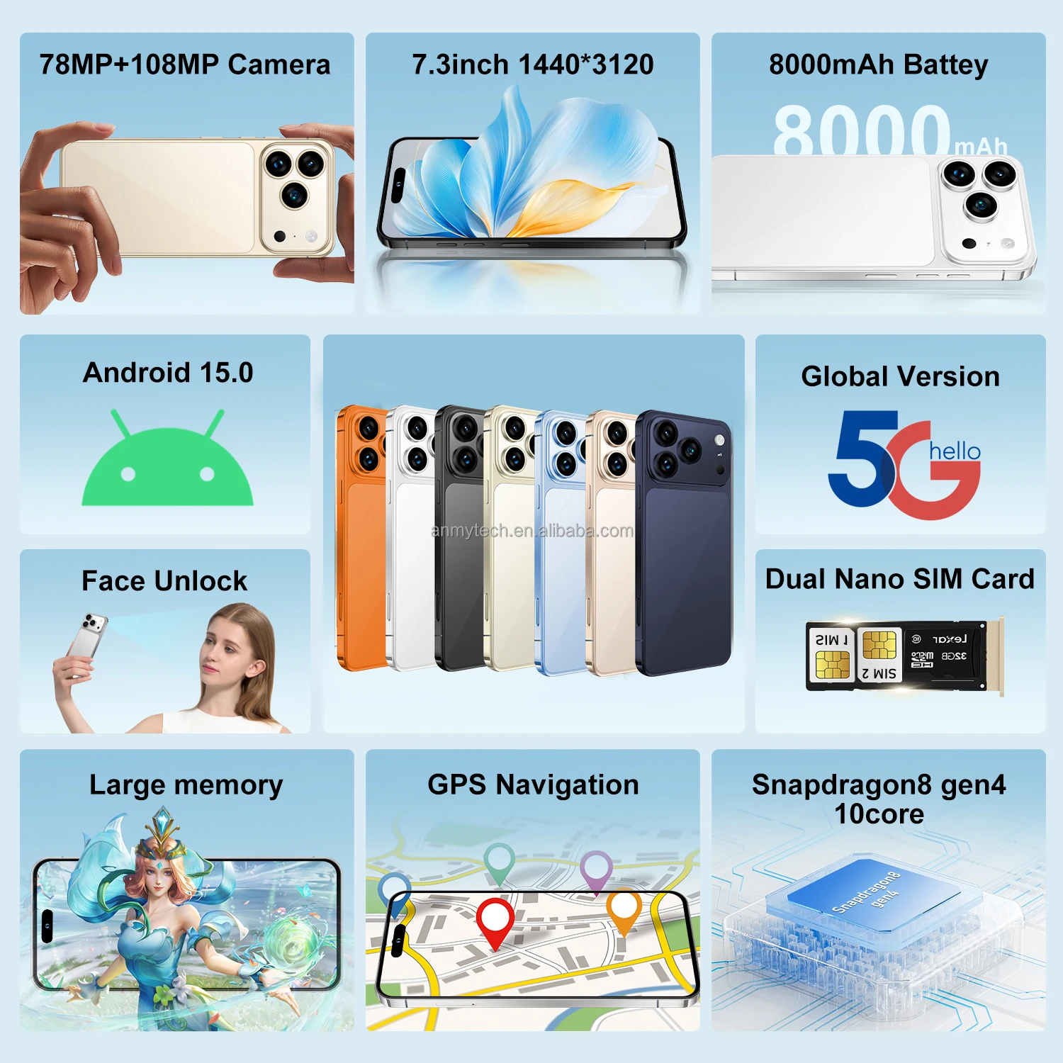 I 17 Pro Max 5G LTE CDMA Dual SIM Card Octa Core 16GB 1TB 8000mAh HD OLED 90Hz Fast 7.3