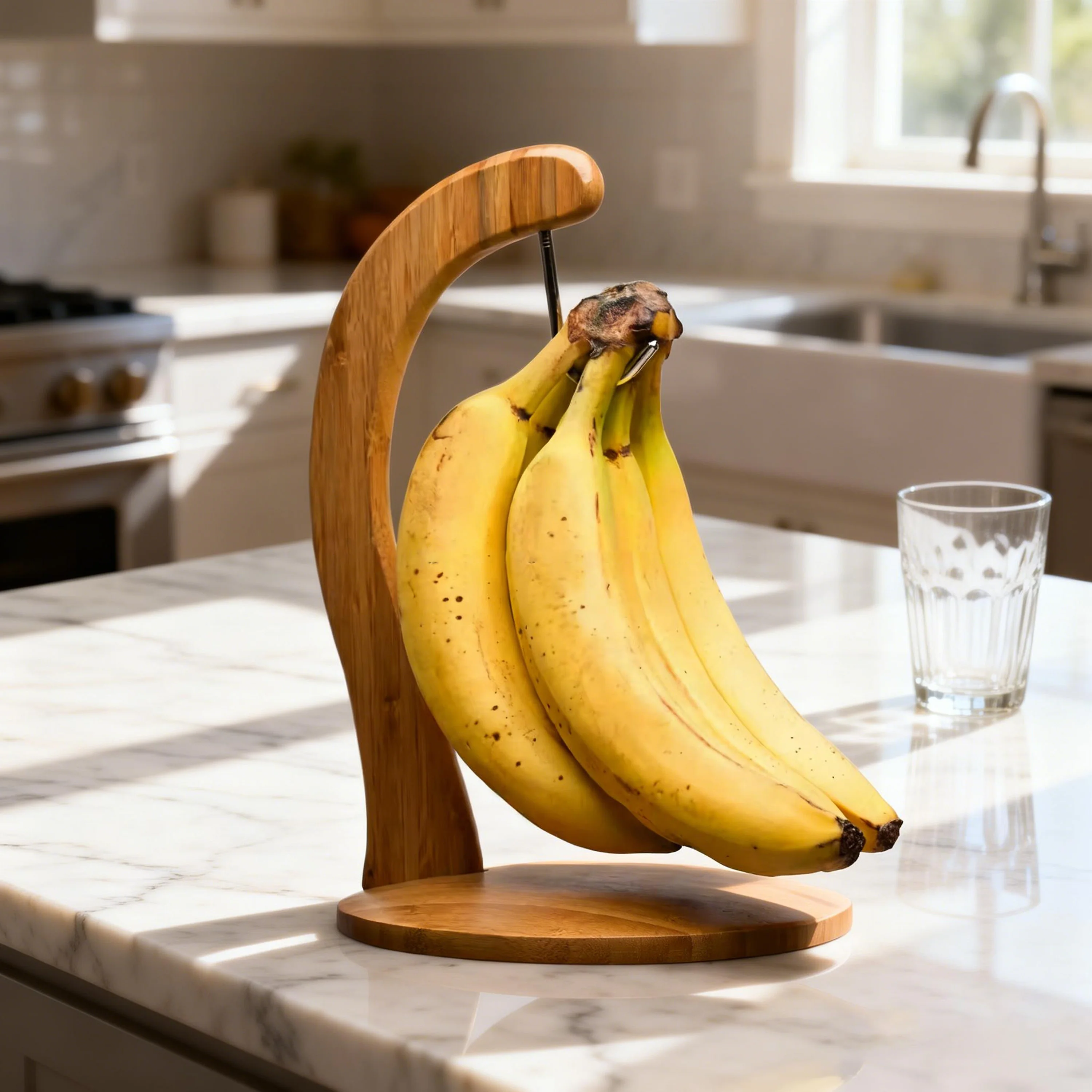 Bamboo Banana Hanger Modern Countertop Banana Holder Eco-Friendly Fruit Stand for Kitchen Space-Saving Banana Hook