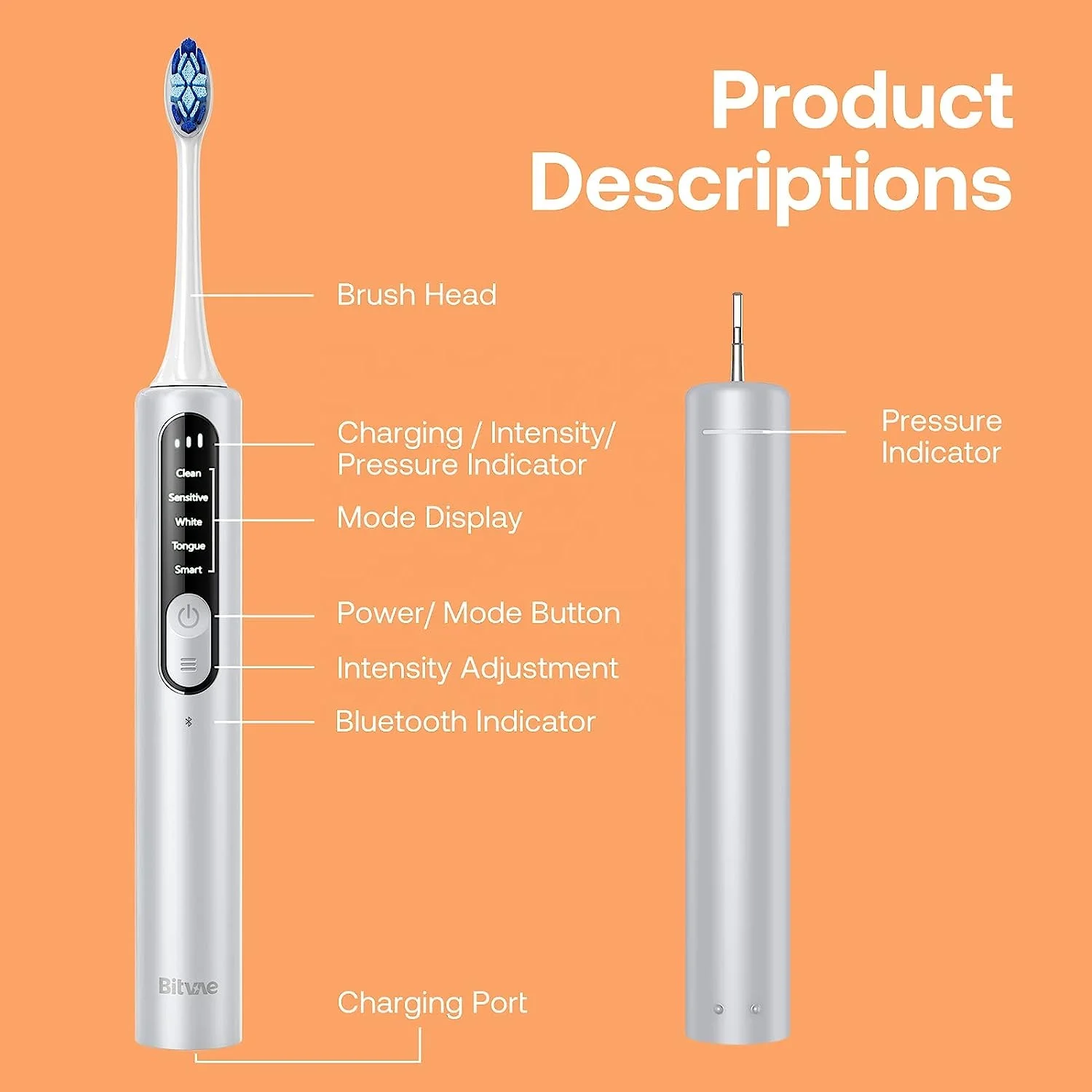 Bitvae S3 Rechargeable Electric Power Toothbrush with Pressure Sensor
