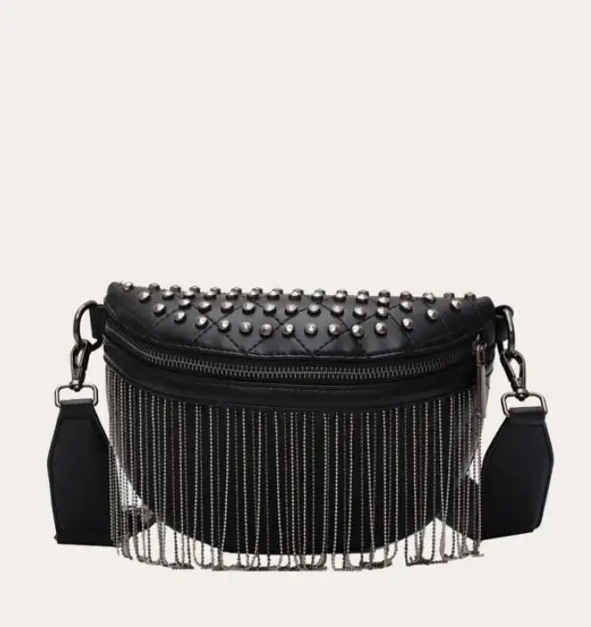 Baginning Women's Black Leather Studded Belt Bags Fanny Pack Rock Waist Bags